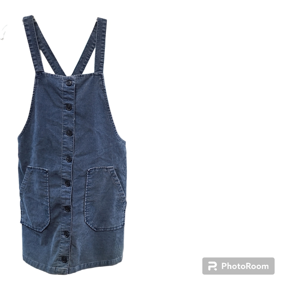 American Eagle Womens Sz M Blue Corduroy Overall Button Pinafore Pocket Dress